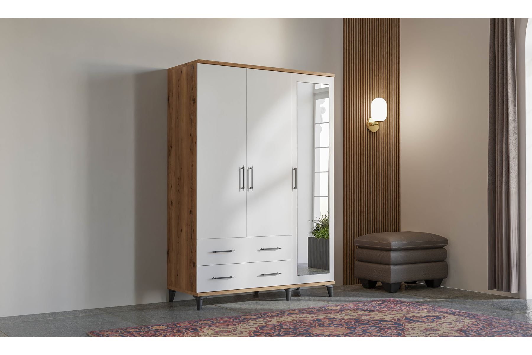 Elit 135 cm 3 Kapılı Ceviz-Beyaz Elbise Dolabı