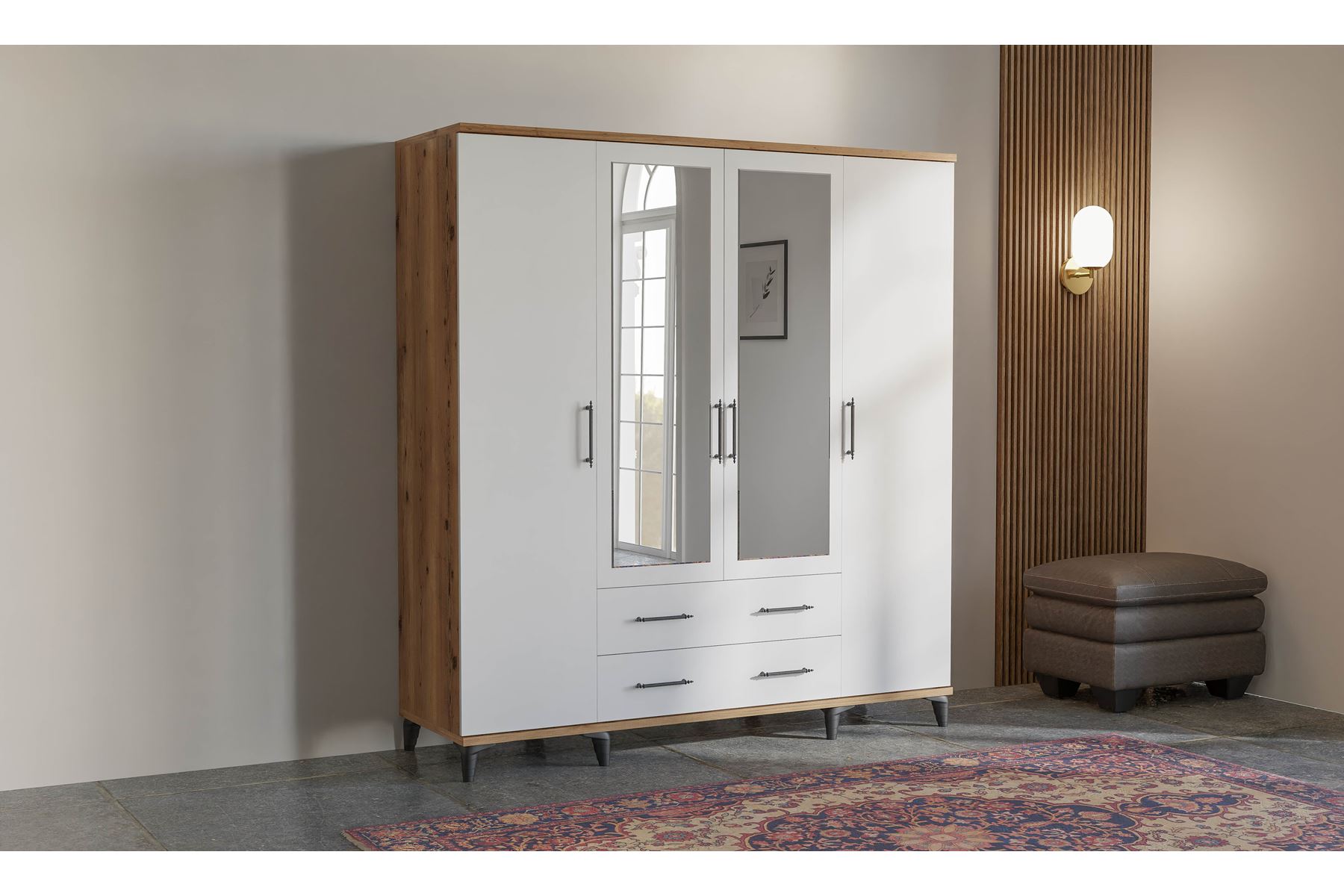 Elit 180 cm 4 Kapılı Ceviz-Beyaz Elbise Dolabı