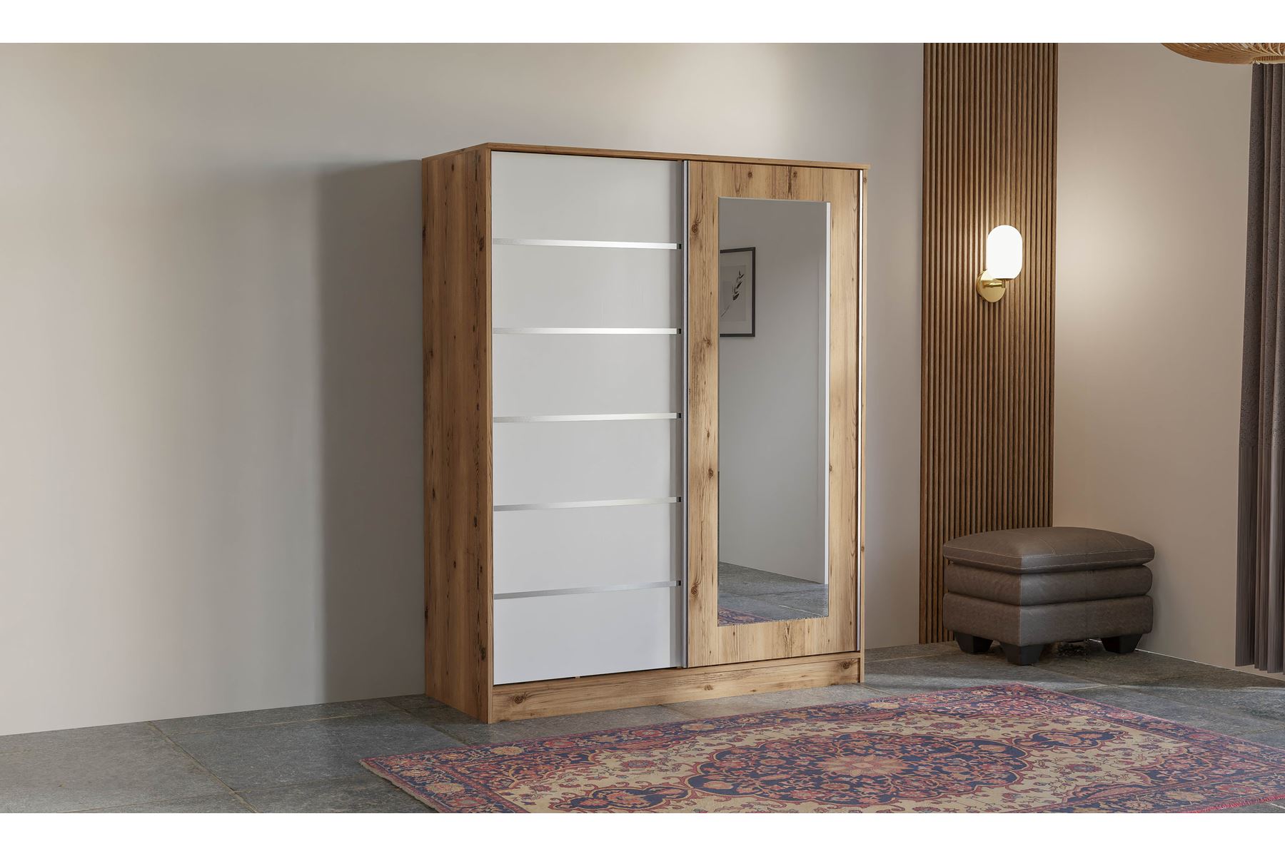 Elit 180 cm Sürgülü Aynalı Elbise Dolabı (Ceviz-Beyaz)