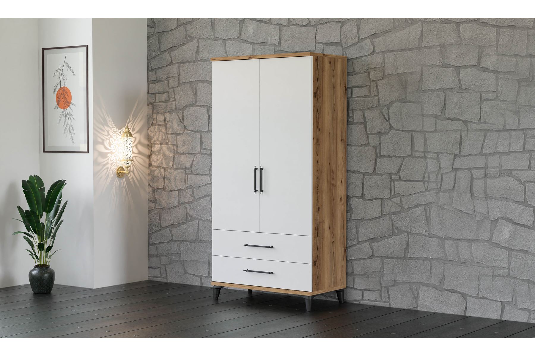 Stil 90 cm 2 Kapılı Ceviz Beyaz Elbise Dolabı