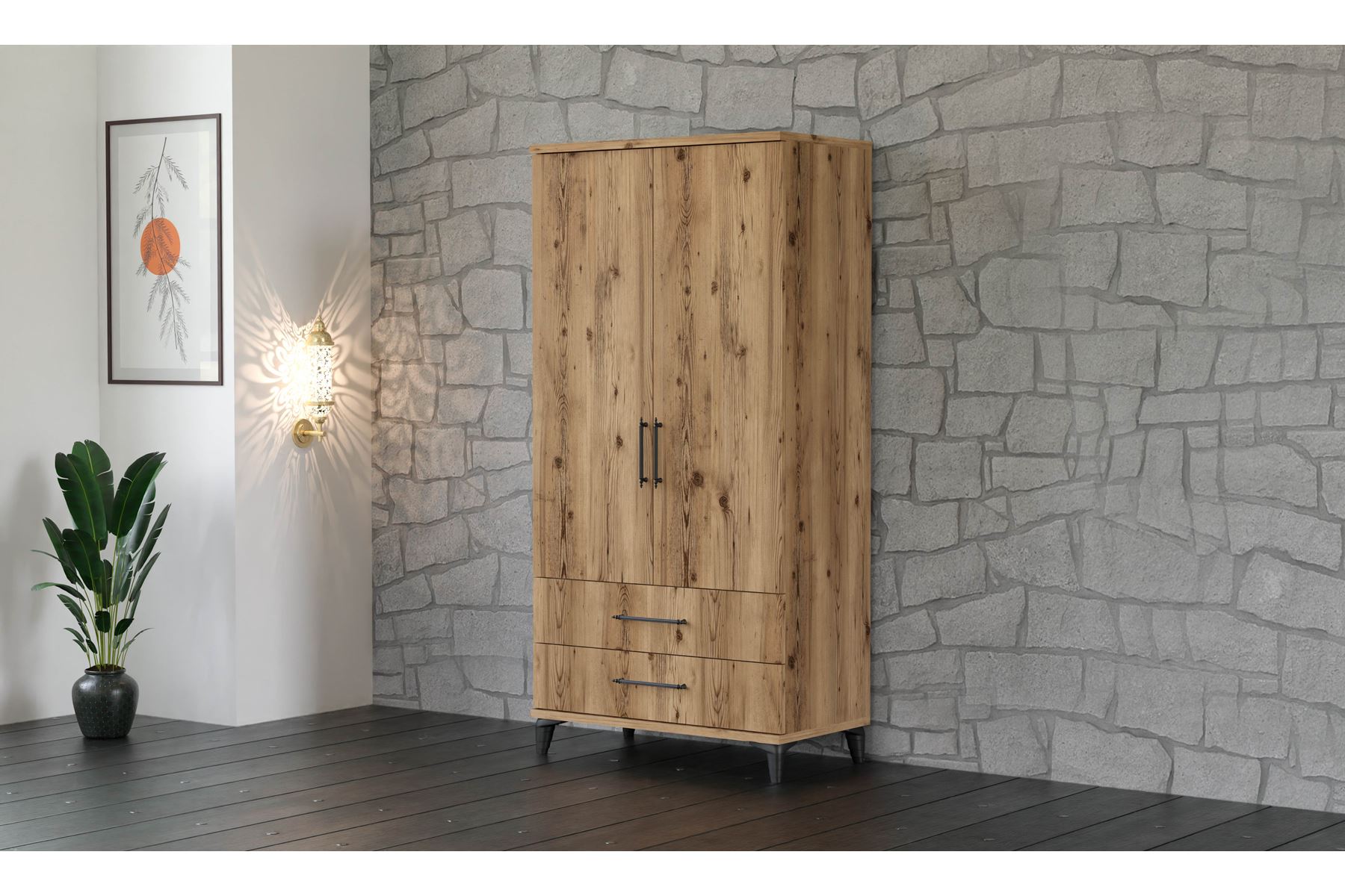 Stil 90 cm 2 Kapılı Ceviz Elbise Dolabı