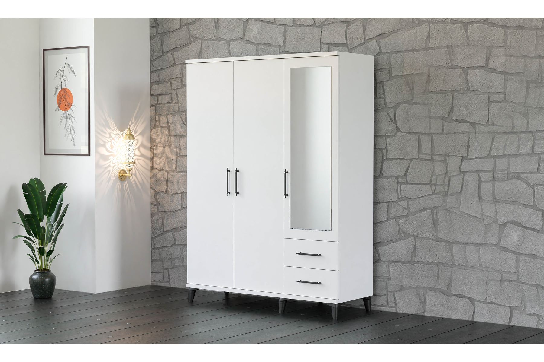 Stil 135 cm 3 Kapılı Beyaz Elbise Dolabı