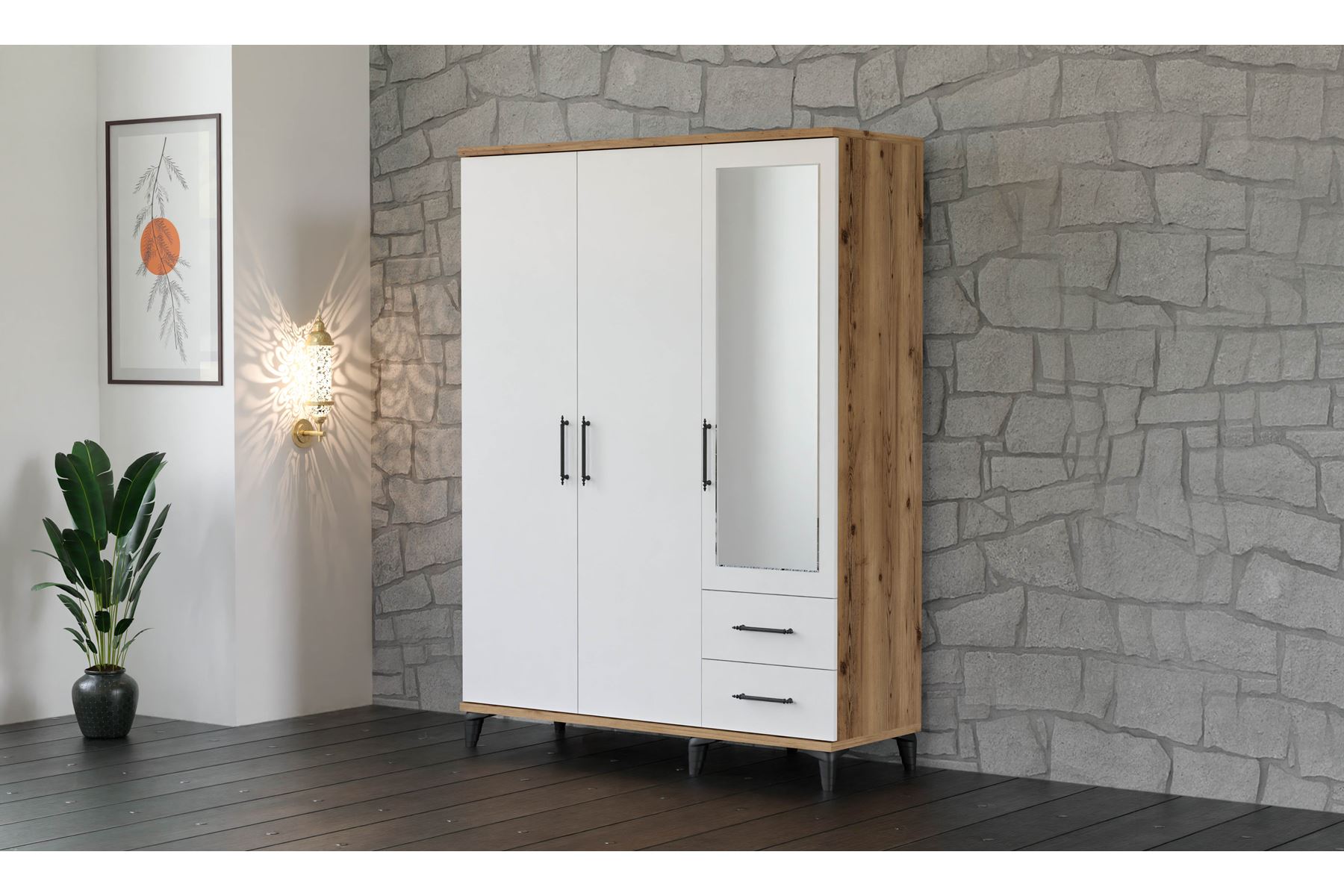 Stil 135 cm 3 Kapılı Ceviz Beyaz Elbise Dolabı