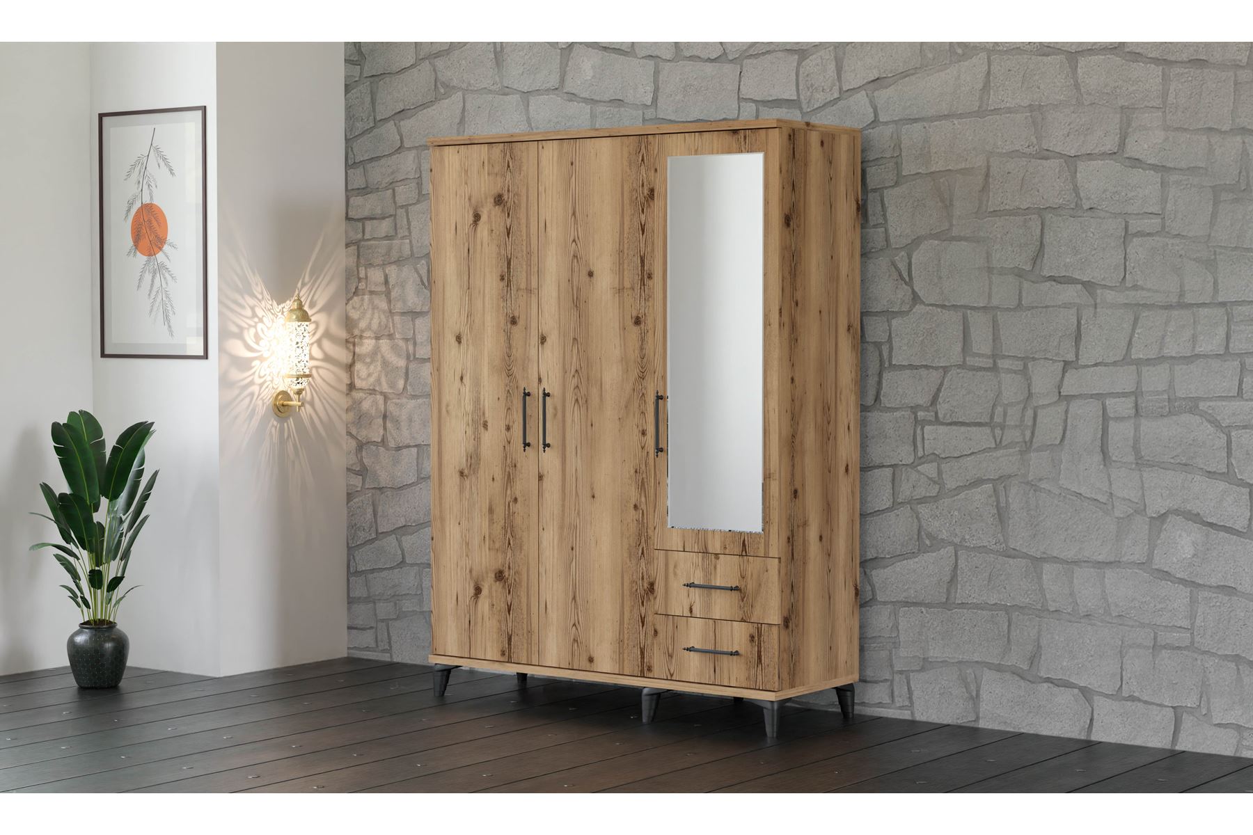 Stil 135 cm 3 Kapılı Ceviz Elbise Dolabı