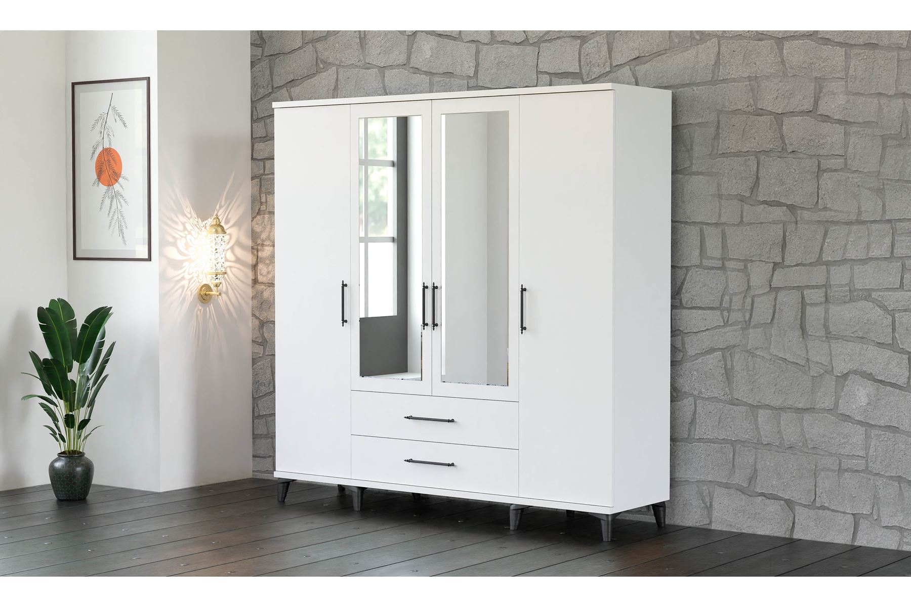 Stil 180 cm 4 Kapılı Beyaz Elbise Dolabı
