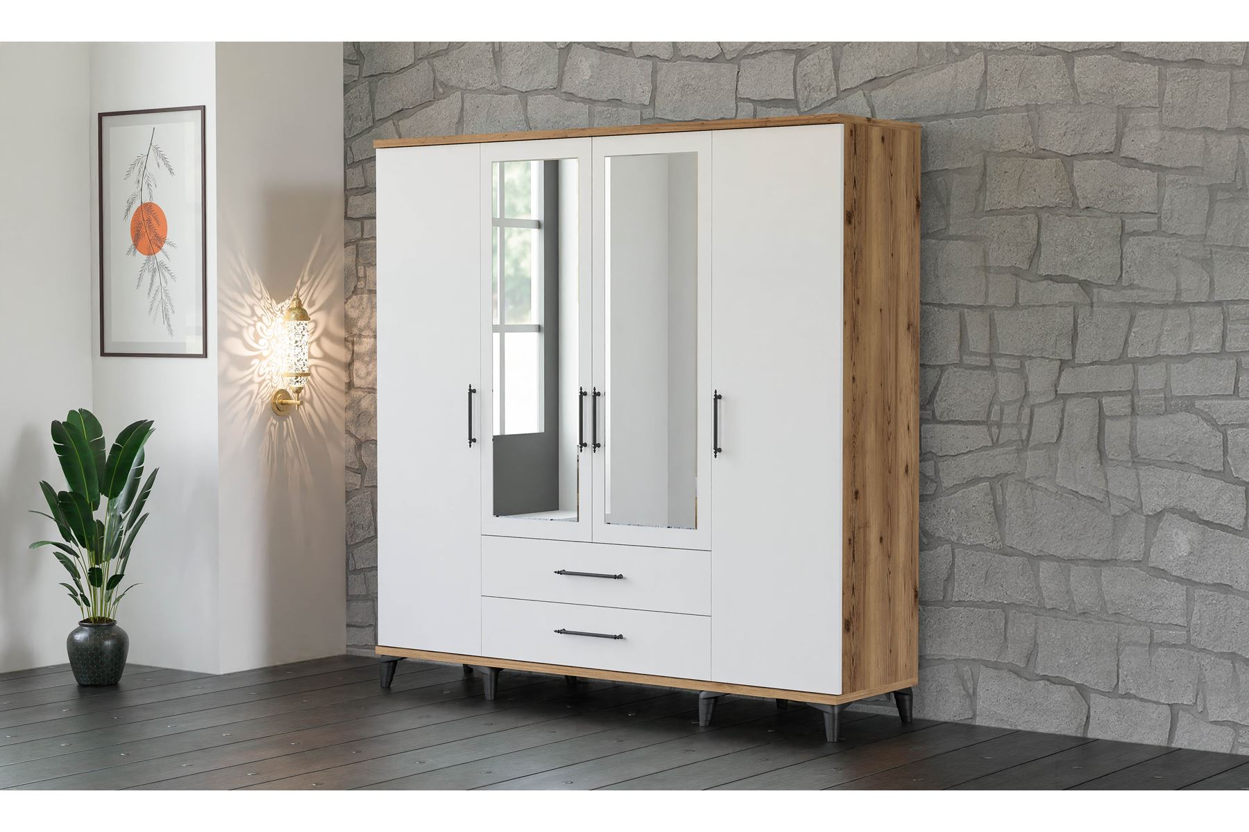 Stil 180 cm 4 Kapılı Ceviz Beyaz Elbise Dolabı