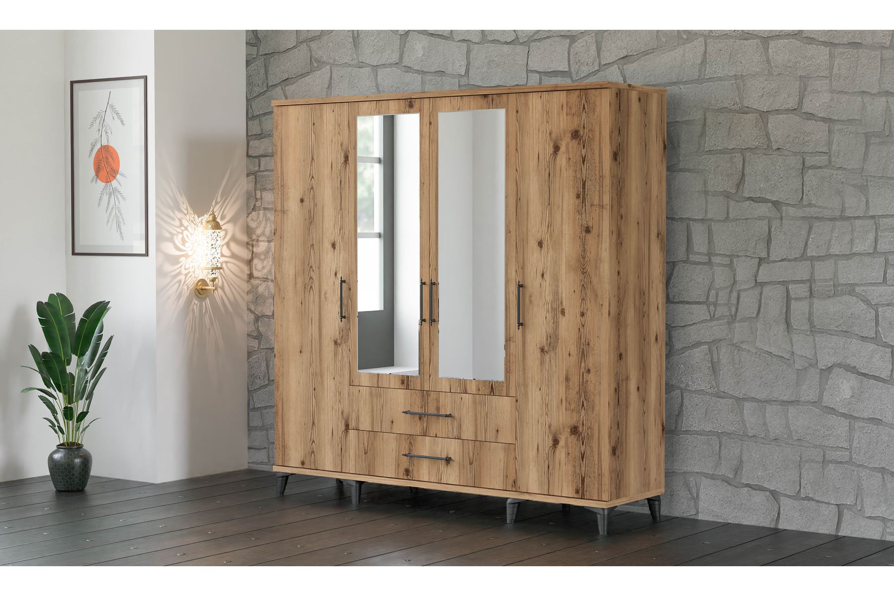 Stil 180 cm 4 Kapılı Ceviz Elbise Dolabı