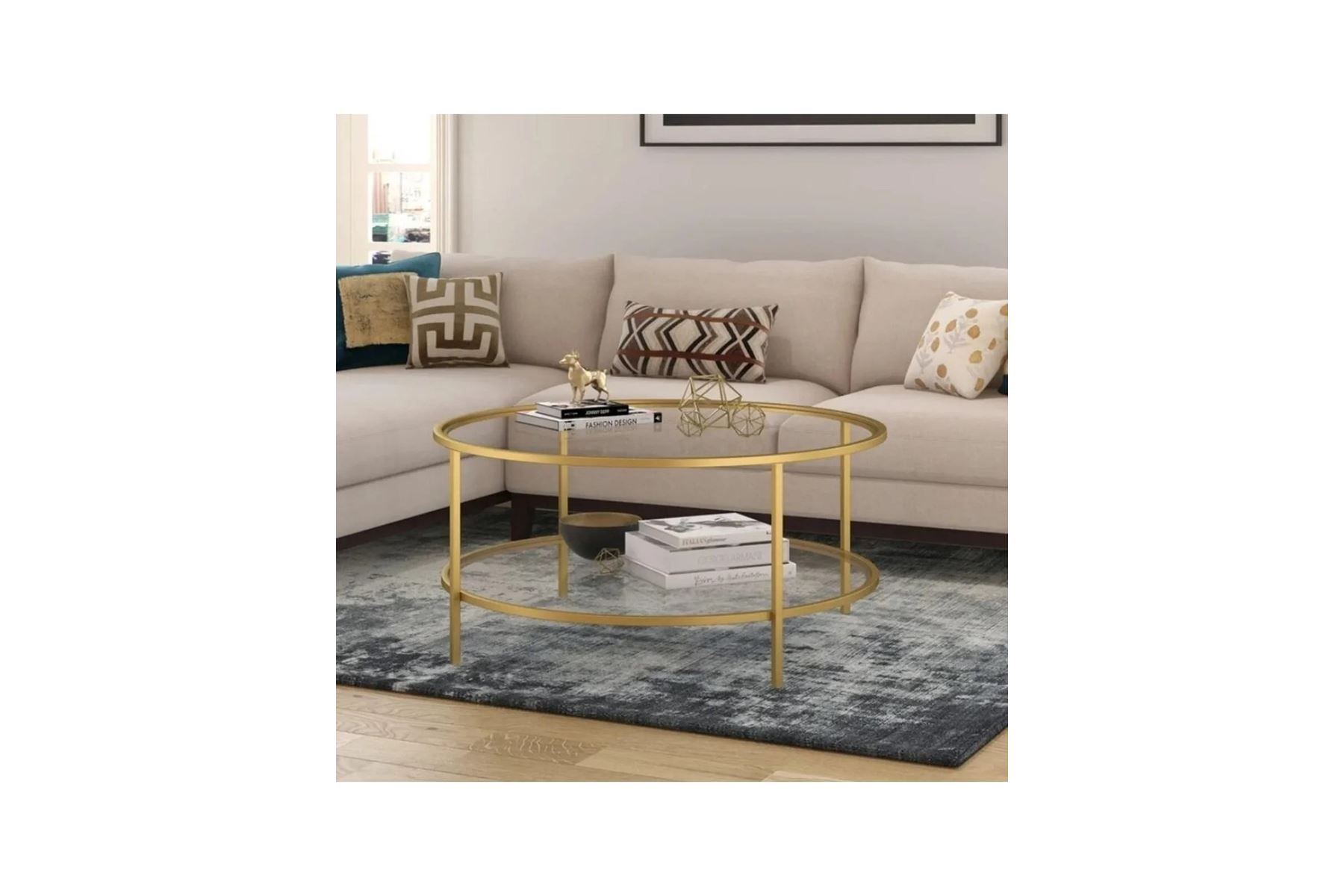 Roma Gold Metal 2 Raflı Cam Orta Sehpa Ø85×45