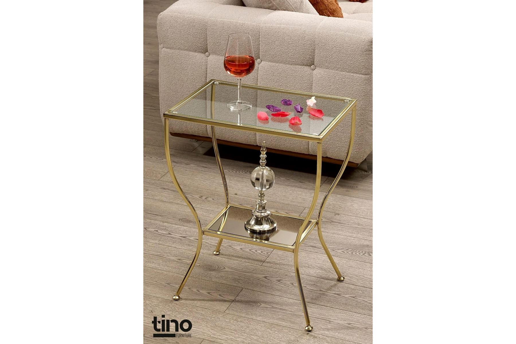 Floransa Gold Metal Camlı Yan Sehpa 50×35×62