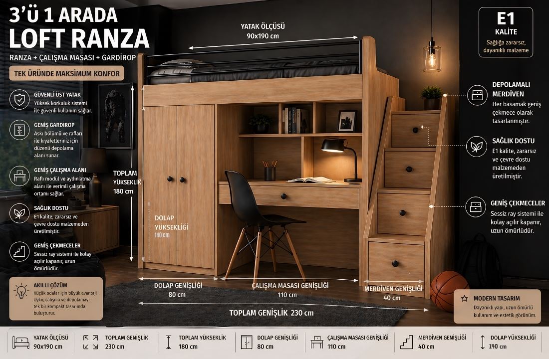Süper Modül Merdivenli Çalışma Masalı Genç Odası Ranza – Dolaplı & Çekmeceli Sistem