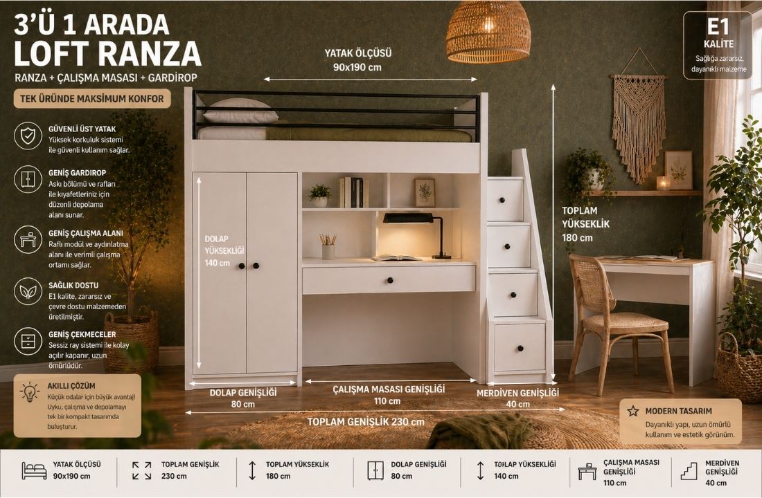 Paris Merdivenli Çalışma Masalı Genç Odası Ranza – Dolaplı & Çekmeceli Sistem