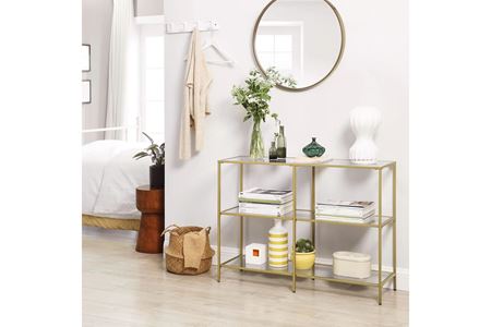 Dallas Gold Metal Dekoratif Cam Raflı Dresuar 120×30×90