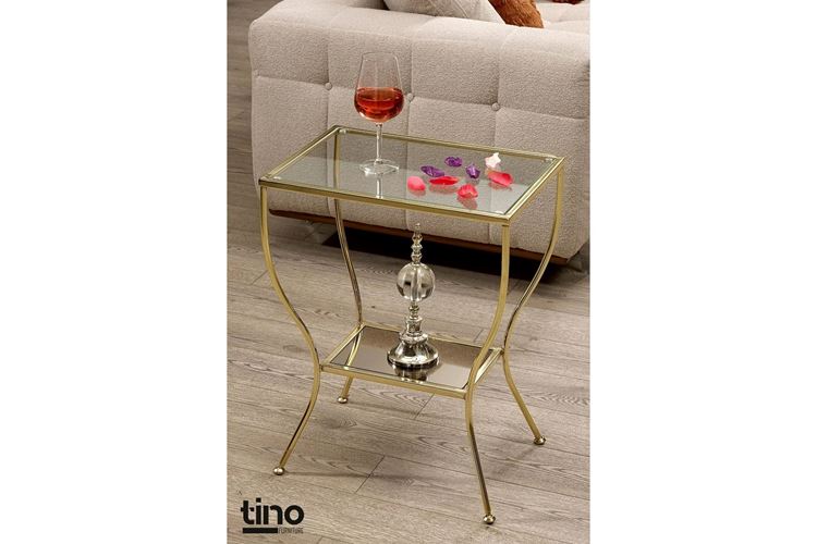 Floransa Üst Ayna Raflı Gold Metal Camlı Yan Sehpa 50×35×62 -