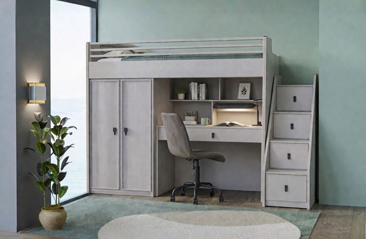Aqua Merdivenli Çalışma Masalı Genç Odası Ranza – Dolaplı & Çekmeceli Sistem