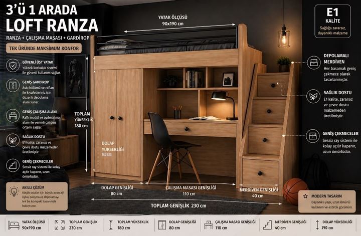 Süper Modül Merdivenli Çalışma Masalı Genç Odası Ranza – Dolaplı & Çekmeceli Sistem