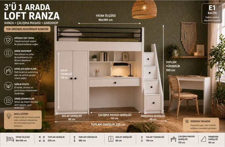 Paris Merdivenli Çalışma Masalı Genç Odası Ranza – Dolaplı & Çekmeceli Sistem